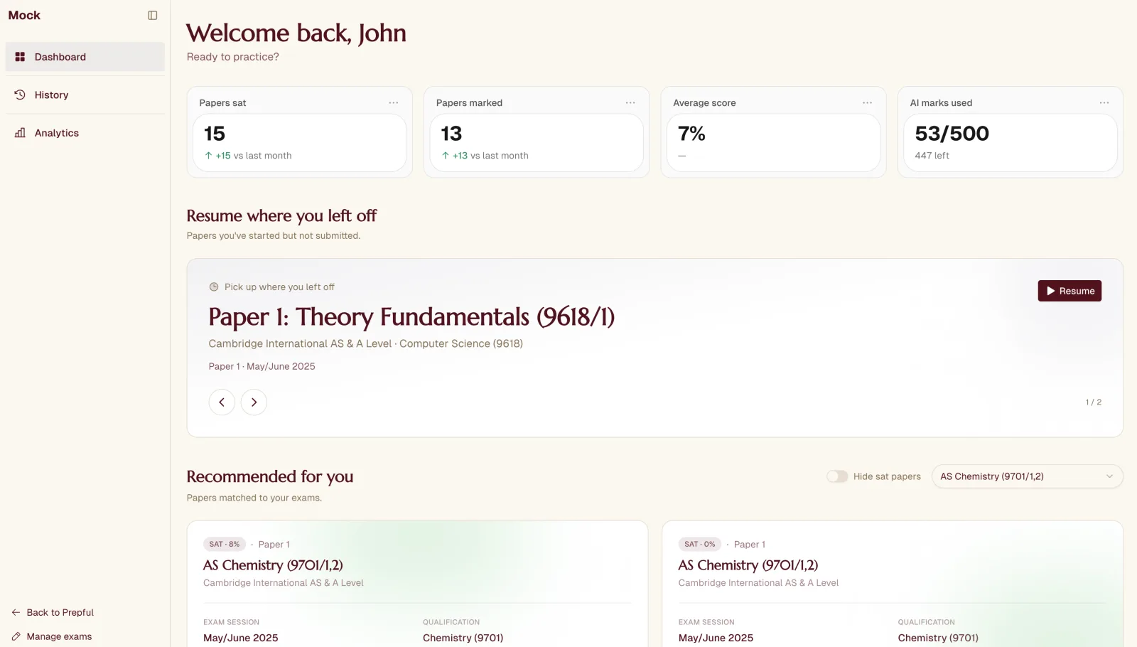The Prepful dashboard — track papers, accuracy and progress